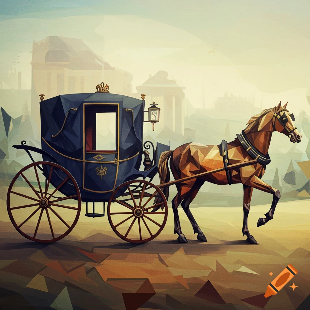A geometric, cubist-style painting of a brown horse pulling a dark blue 1830s carriage down a path.