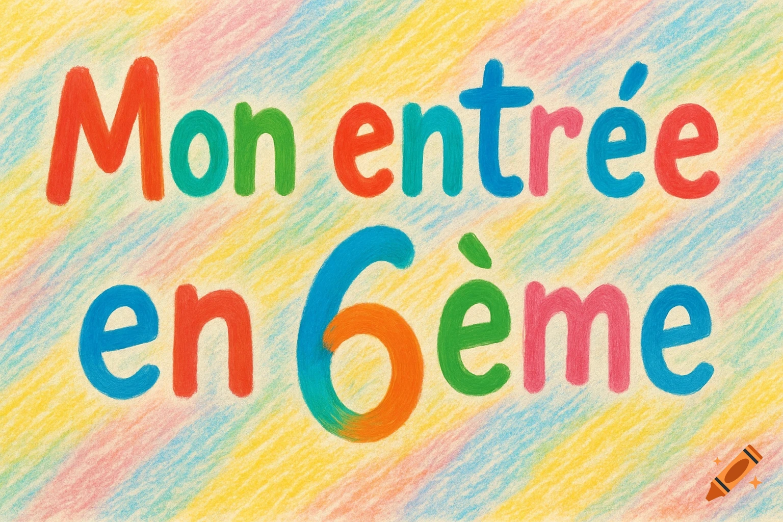 Colorful crayon-style text reads 'Mon entrée en 6ème' on a pastel striped background.