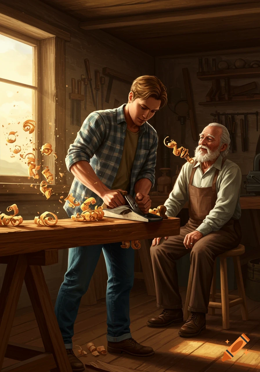 A young man planes wood in a workshop, sending shavings towards an older man watching, in a detailed illustration.