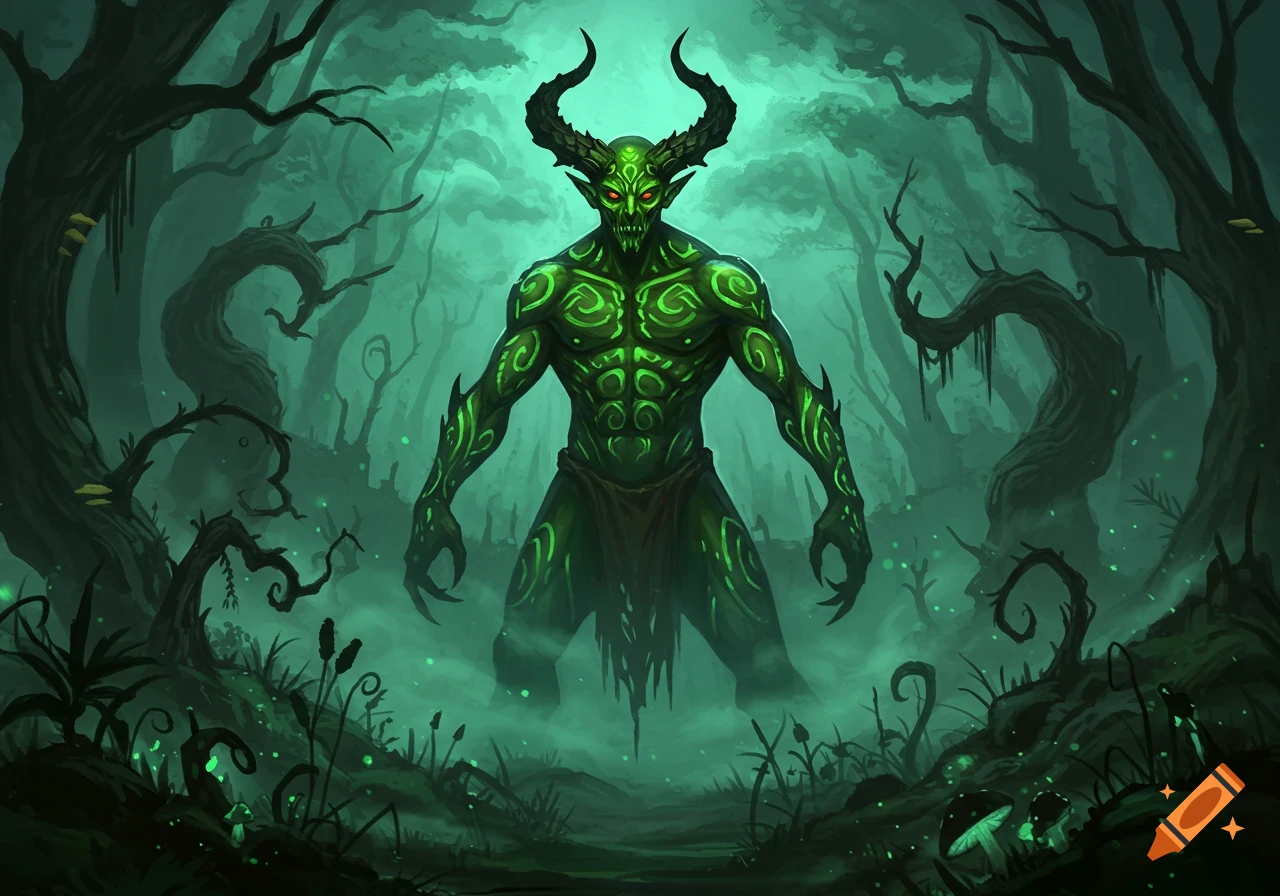 A horned green demon with glowing eyes and intricate patterns stands in a dark, misty forest with glowing plants, digital painting.