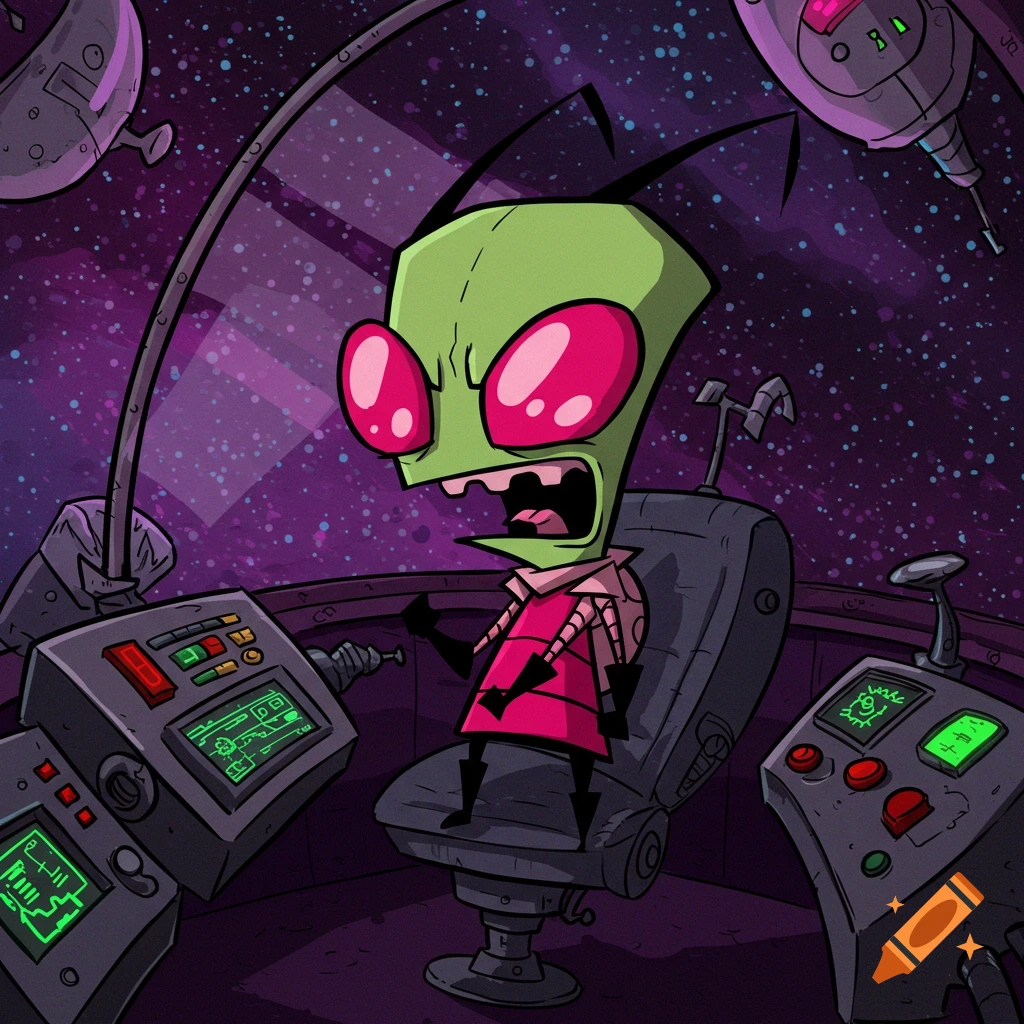 Invader Zim, a green alien with large pink eyes, sits in a spaceship cockpit, shouting in a cartoon style.