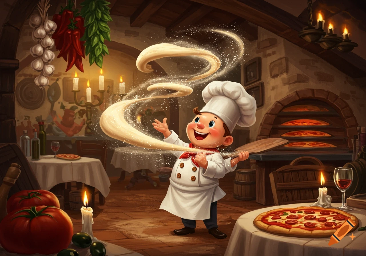 A happy, plump cartoon chef in a white uniform and toque tosses sparkling pizza dough in a rustic Italian restaurant with pizzas, an oven, and candles.