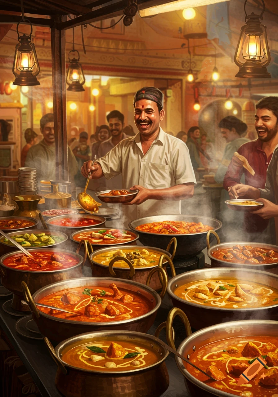 Vibrant illustration of a smiling Indian man serving various steaming curries from large pots at a lively market stall.