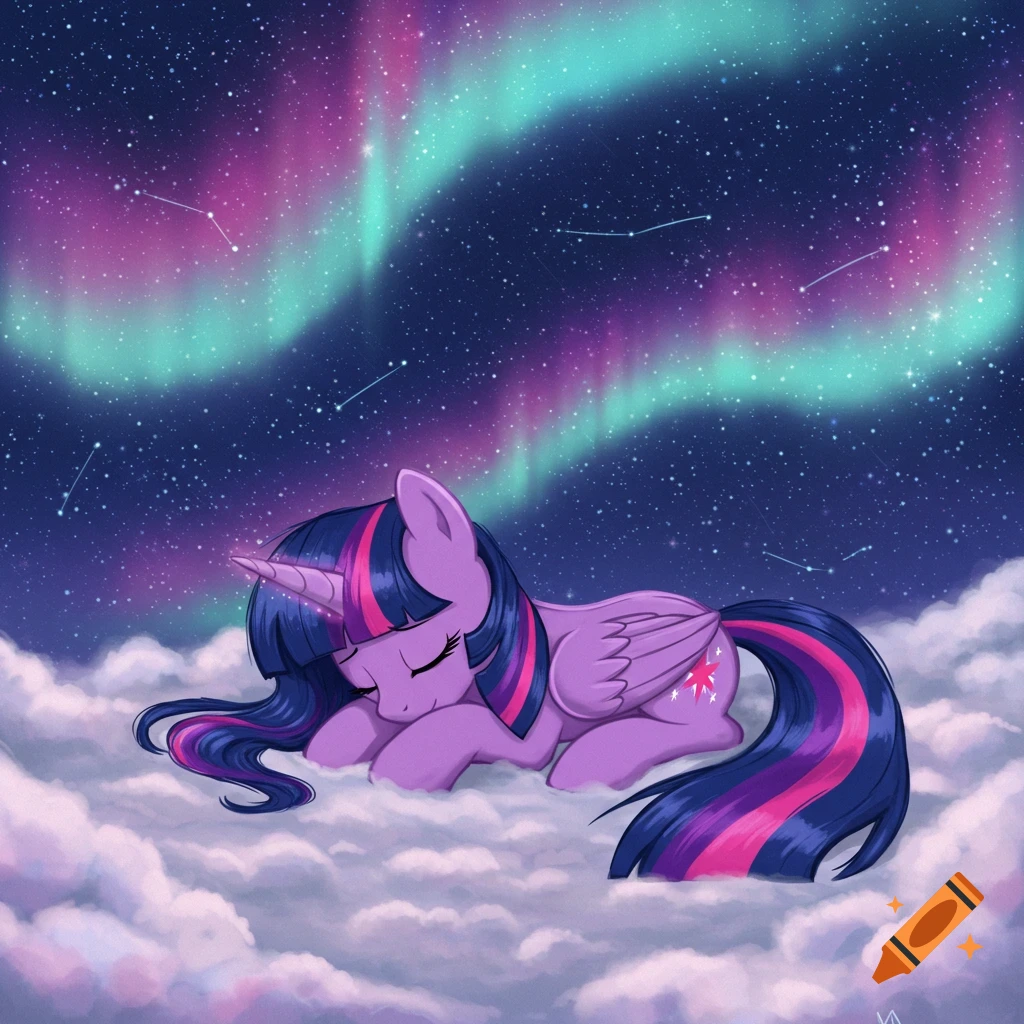 Cartoon unicorn pony Twilight Sparkle sleeps peacefully on fluffy clouds under a starry night sky with a vibrant aurora borealis.