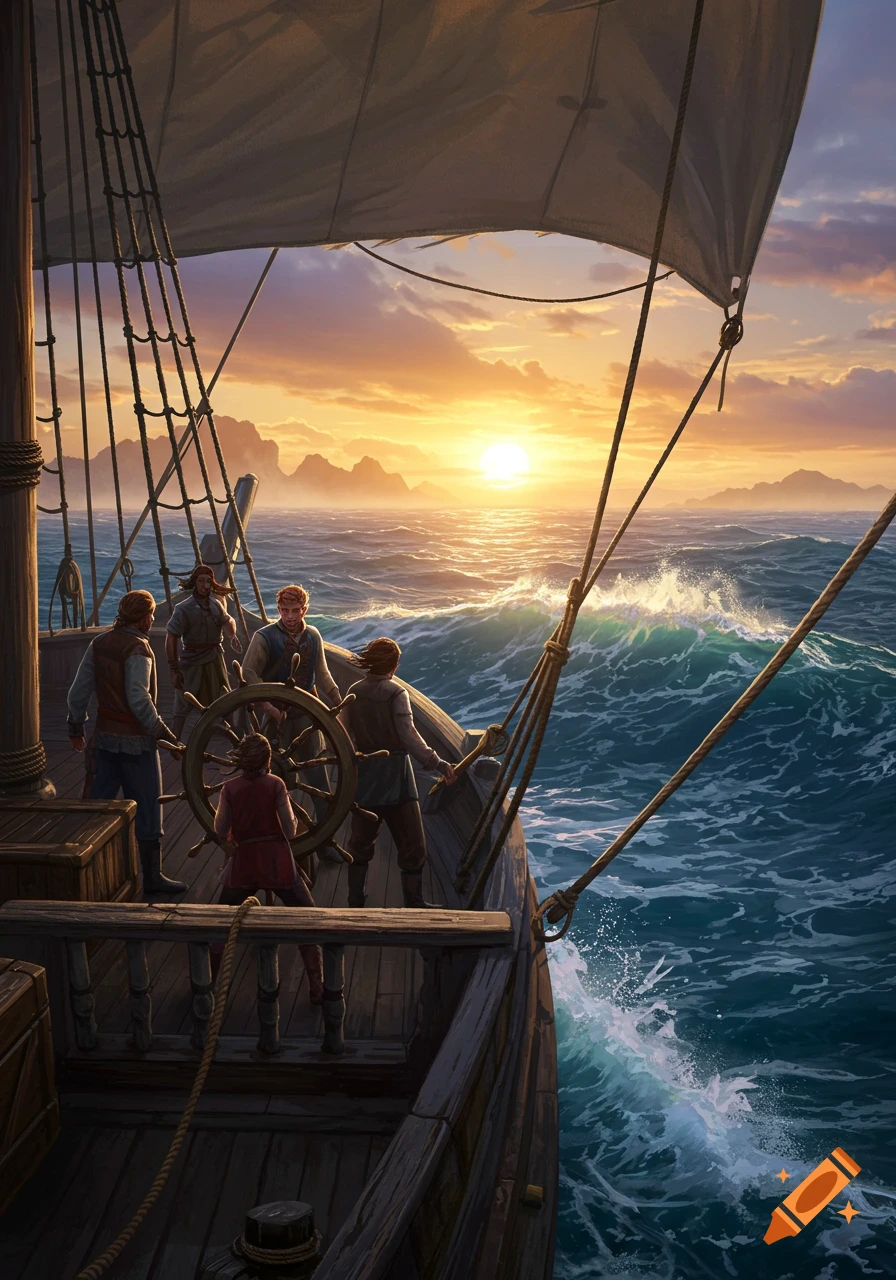 A detailed painting of a crew of five men sailing a wooden ship on rough waves during a vibrant sunset, with distant islands.