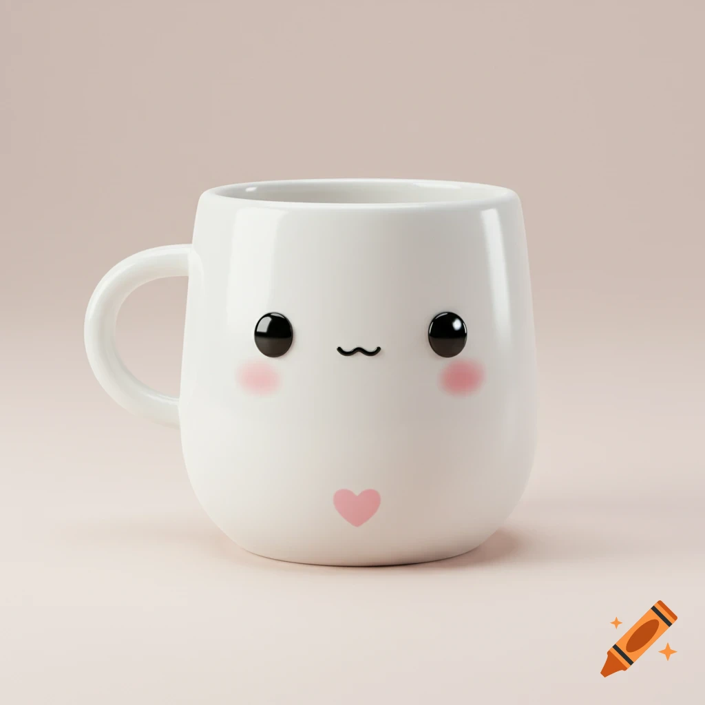 A white mug with a cute black face, pink blush, and a pink heart on its base, against a light pink background.