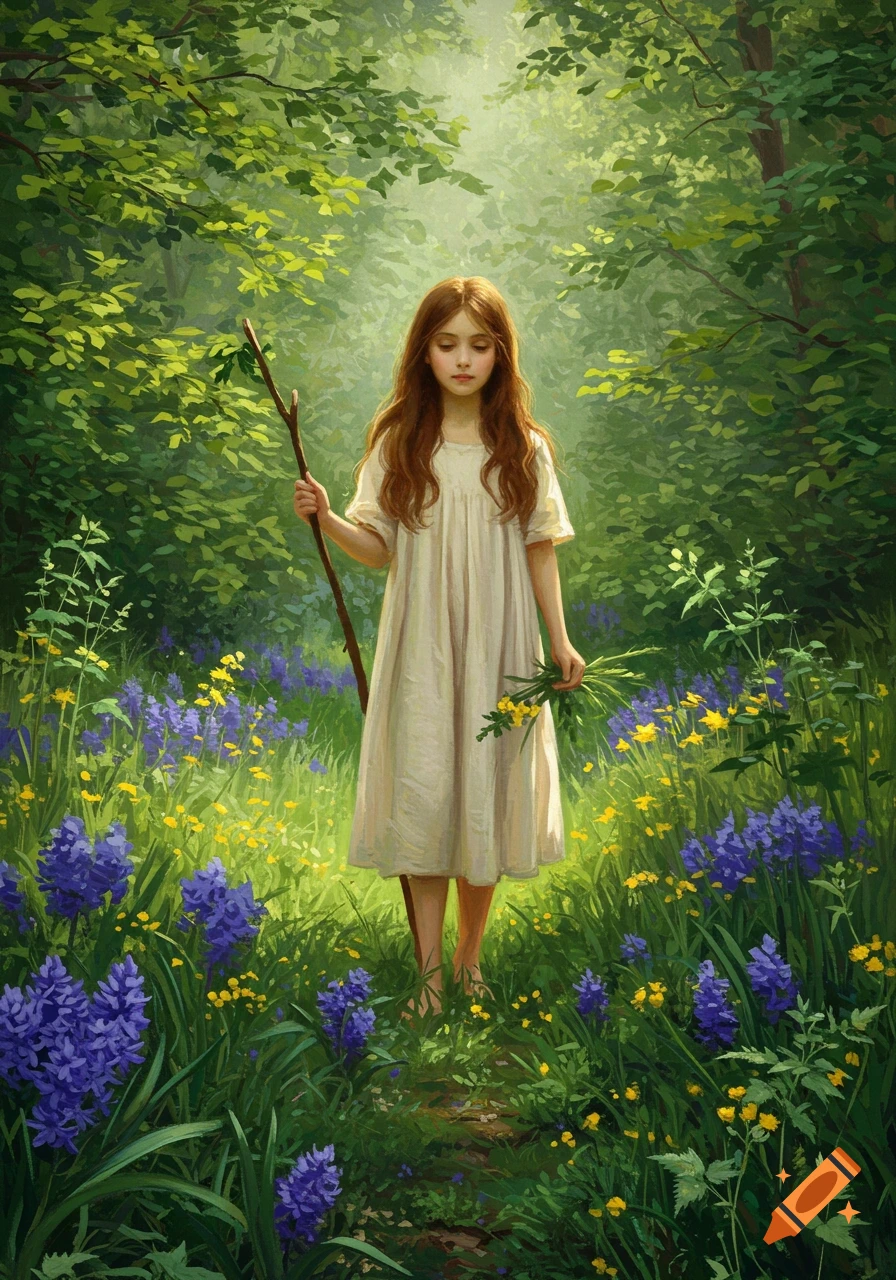 A young girl with long brown hair in a white dress walks through a ...