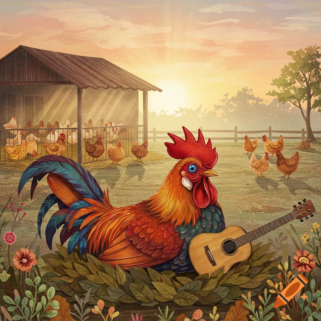 A stylized illustration of a colorful rooster holding a guitar in a farm field with chickens and a coop at sunset.