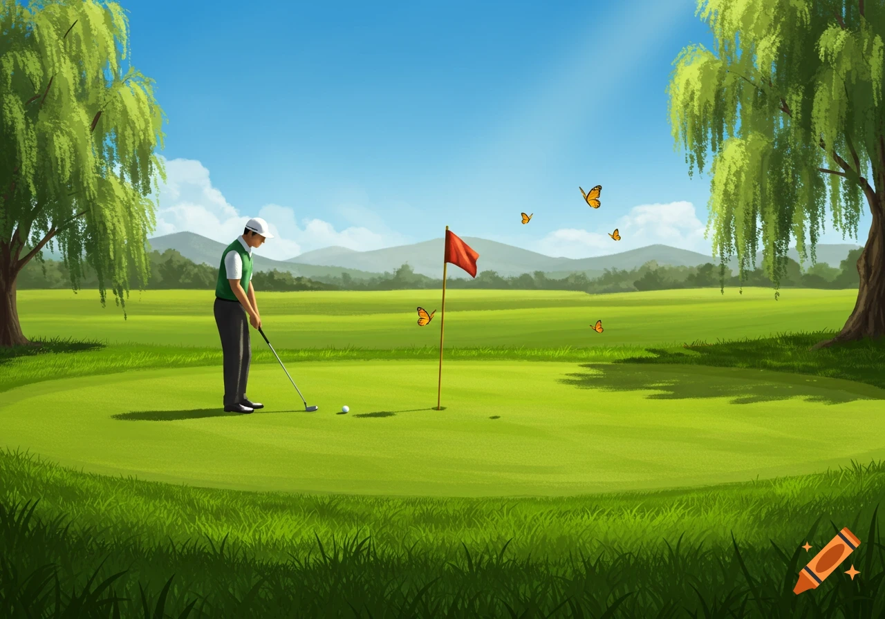A digital illustration of a golfer getting ready to putt on a green course with trees, mountains, and butterflies under a blue sky.