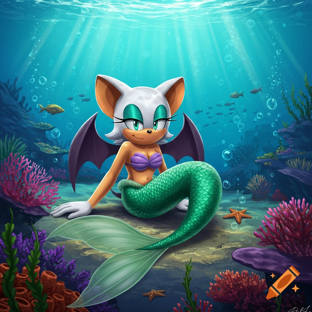 Rouge the Bat as a mermaid with a green tail and purple shell top, smiling on the sea floor surrounded by coral and fish in a vibrant cartoon style.