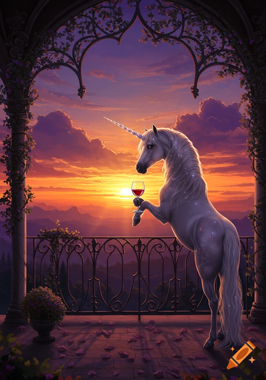 A majestic unicorn on a balcony holds a glass of wine, gazing at a vibrant sunset over mountains.