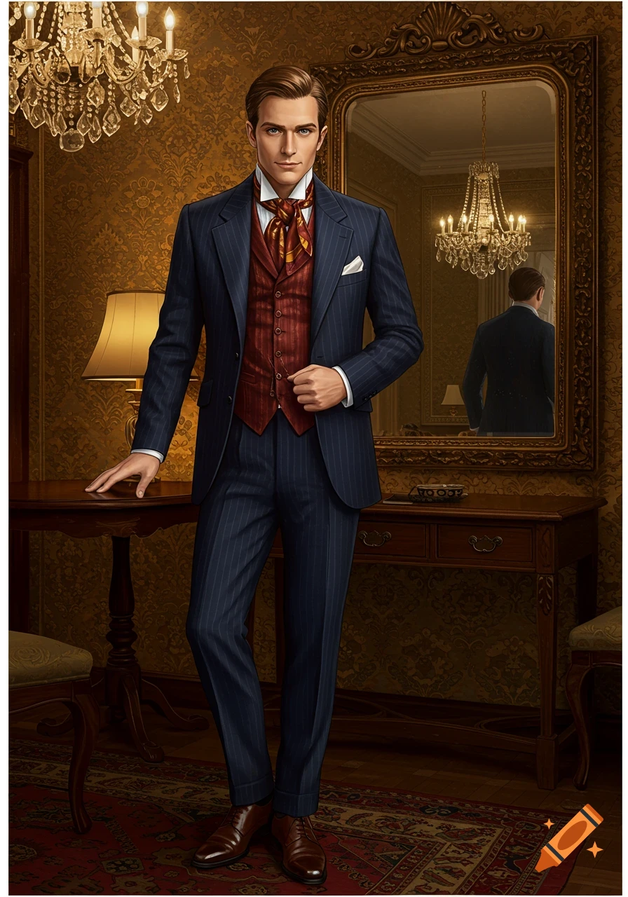 A dapper man in a blue pinstripe suit, red vest, and gold silk scarf ...