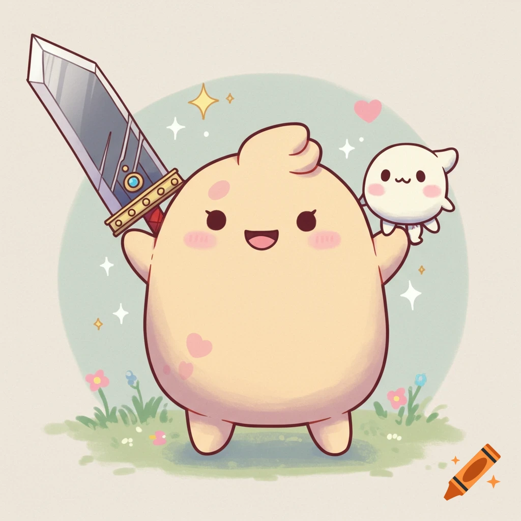 A happy, peach-colored cartoon blob holds a Buster Sword and a tiny white blob, standing on grass with flowers.
