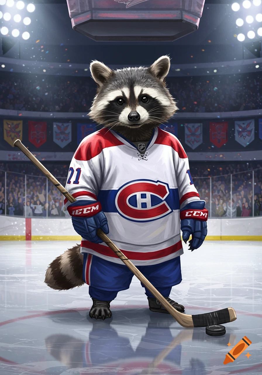 A raccoon in a white, red, and blue hockey jersey with a 'CH' logo holds a hockey stick on an ice rink, with a crowd in the background.
