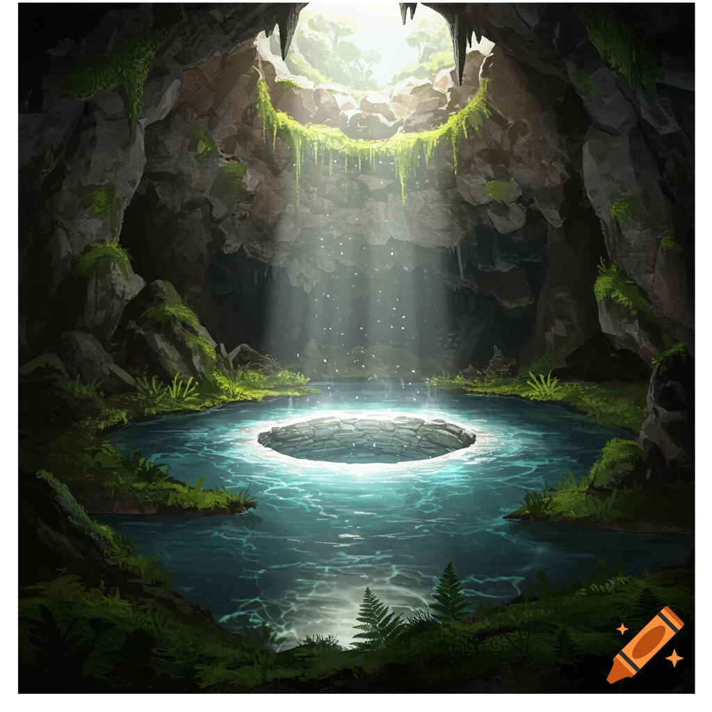 Sunlit cave interior with a clear wellspring pool, surrounded by moss and ferns. Illustrative style.
