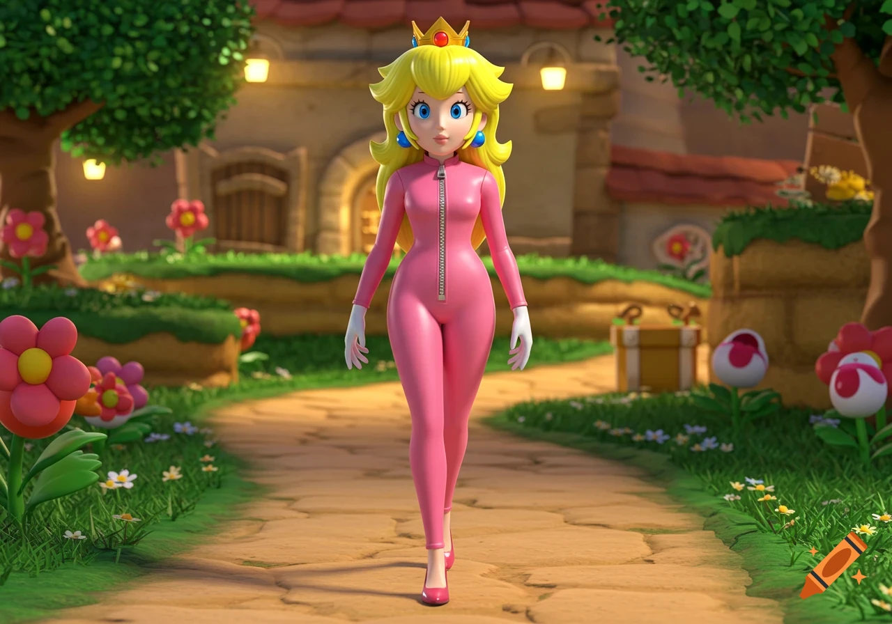 Princess Peach in a pink zipper jumpsuit and heels walks on a path in a colorful 3D video game world.