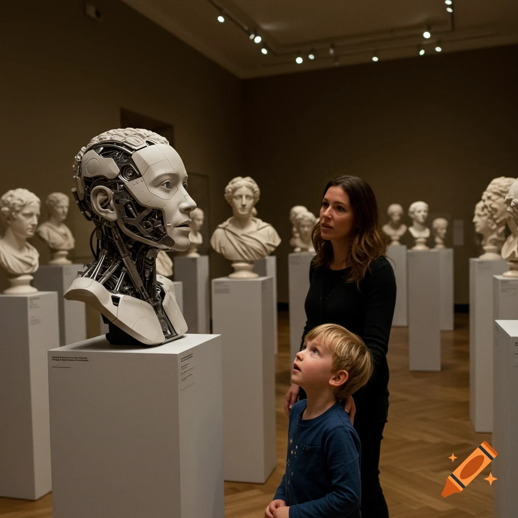 A young boy intently looks at a futuristic cyborg bust in a museum filled with classical sculptures, while his mother stands behind him.