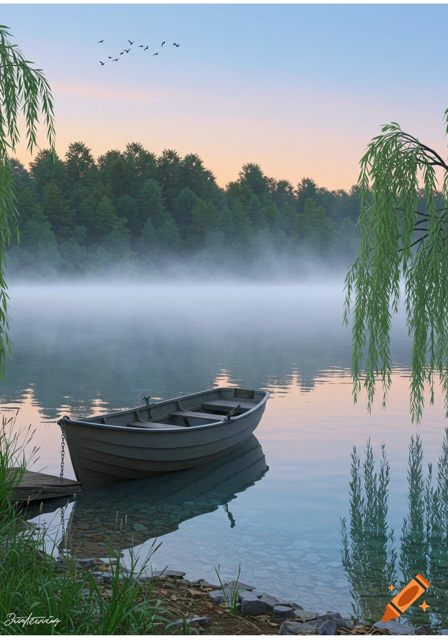 A lone rowboat floats on a misty lake at sunrise, surrounded by green trees and willow branches.