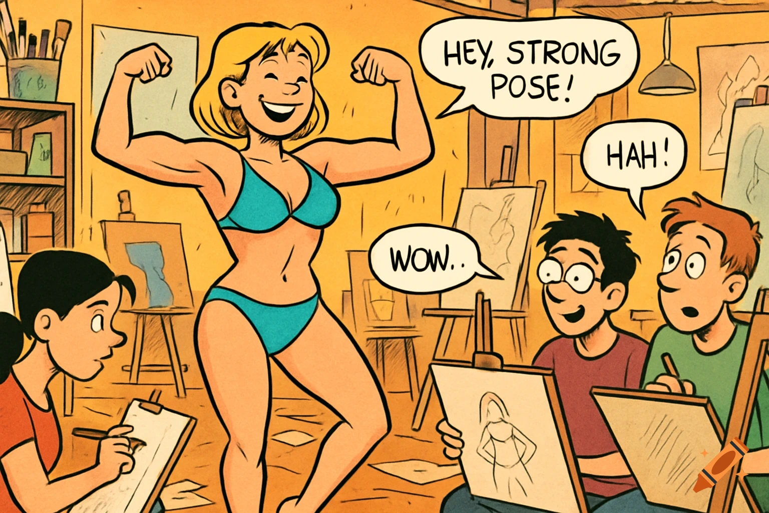 A muscular woman in a teal bikini flexes for an art class in a comic strip style. Students draw her on easels.