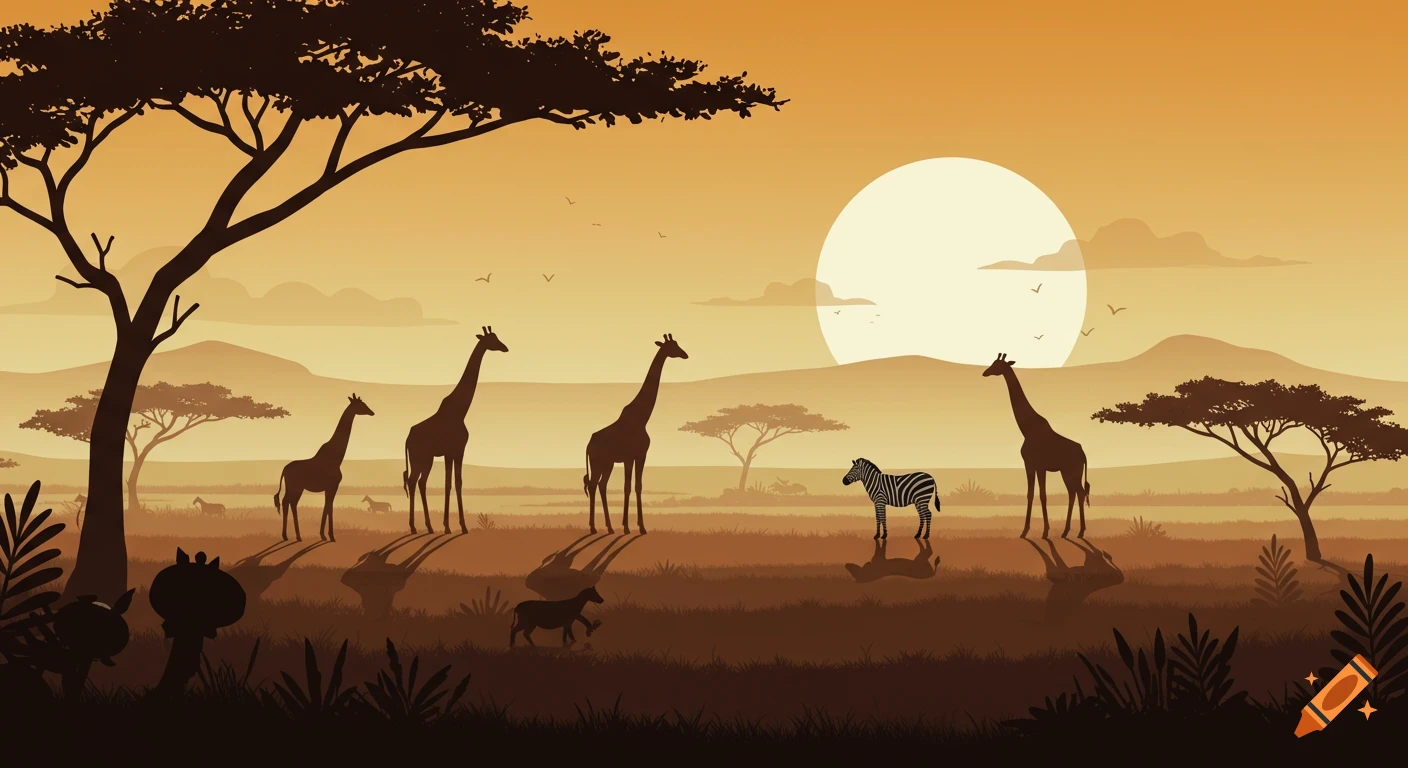 Stylized illustration of a safari scene at sunset, with silhouettes of giraffes, a zebra, and other animals and trees.