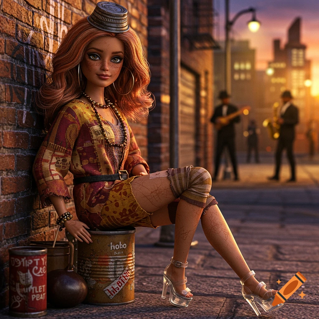 Photorealistic Barbie doll in hobo clothing with clear heels sits on a can in an urban alley as musicians play in the background.
