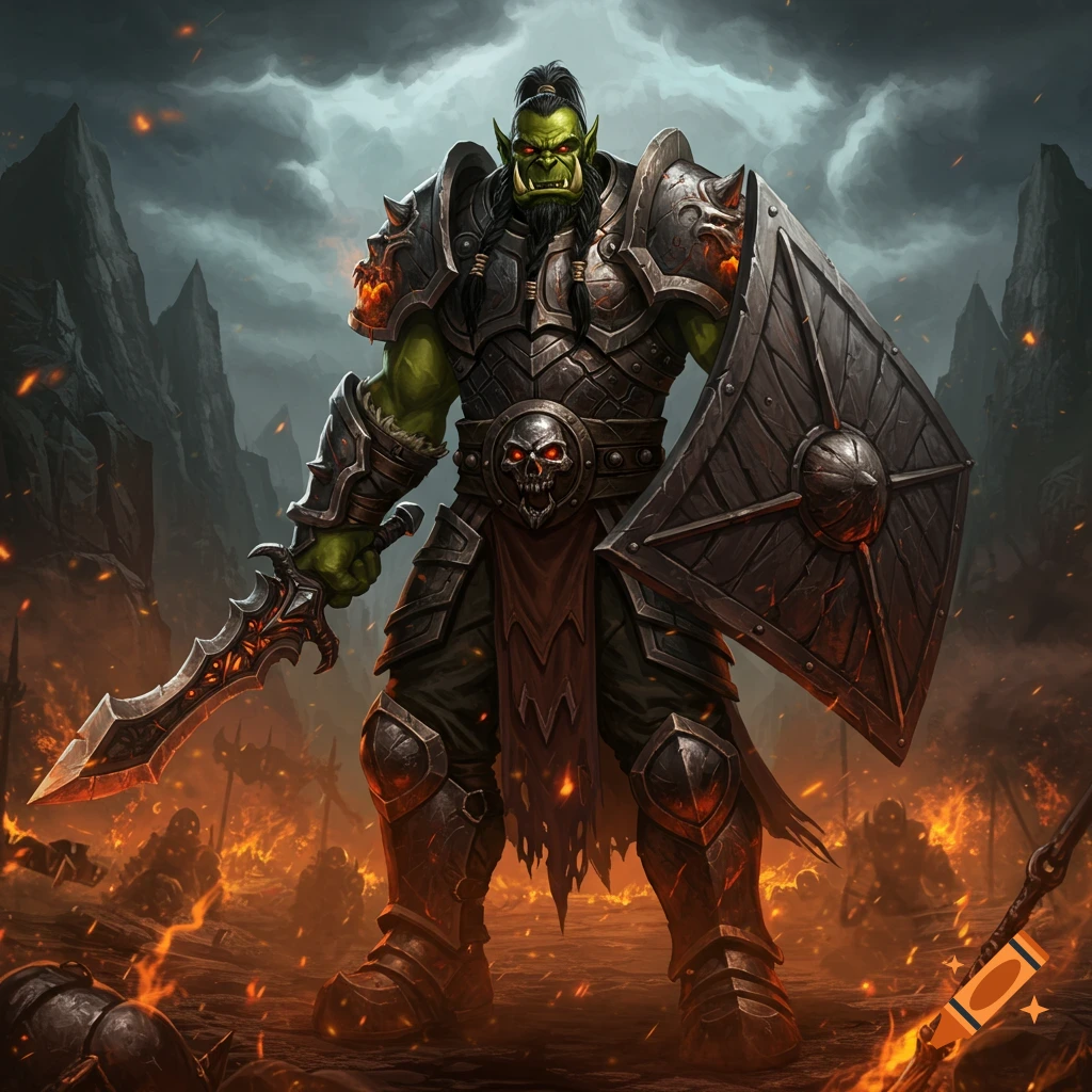 A powerful green-skinned orc warrior in spiked armor holds a fiery sword and shield on a battlefield ablaze under a stormy sky.