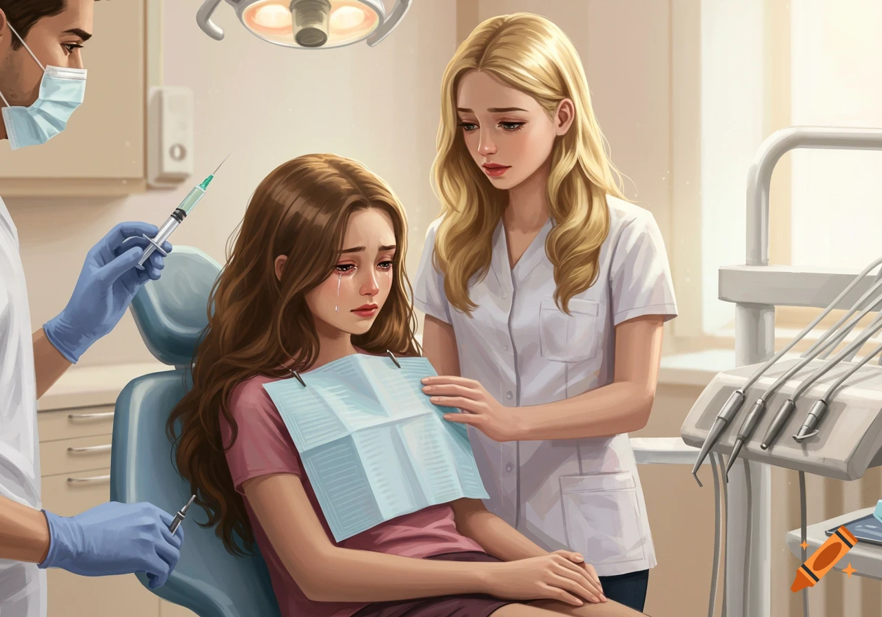 Anime-style illustration of a crying girl in a dentist chair, with a dentist holding a syringe and an assistant comforting her.