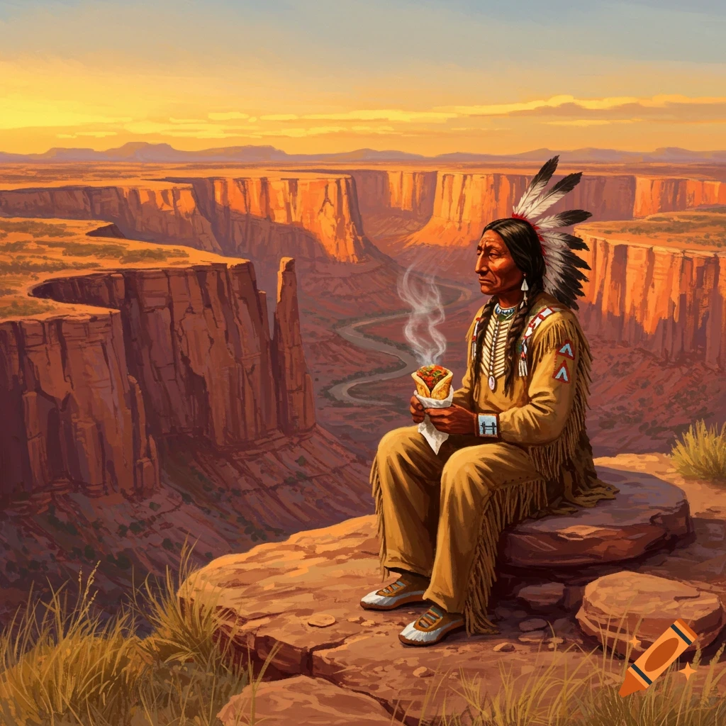 Painting of a Native American man in traditional attire eating a steaming gyro while sitting on a cliff overlooking a vast canyon at sunset.
