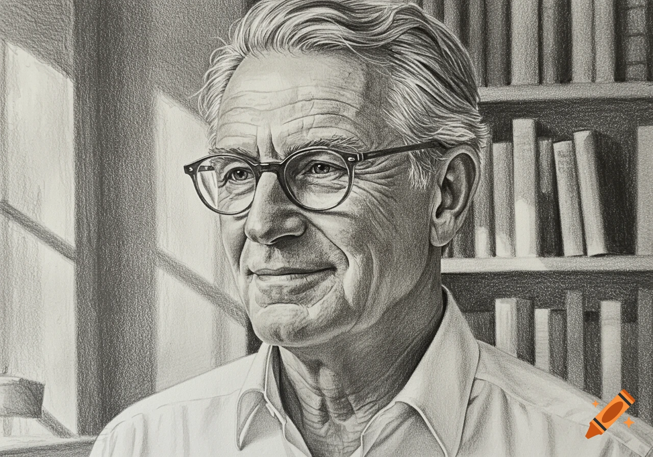 A realistic pencil drawing of an older man with glasses smiling, with a bookshelf and window in the background.