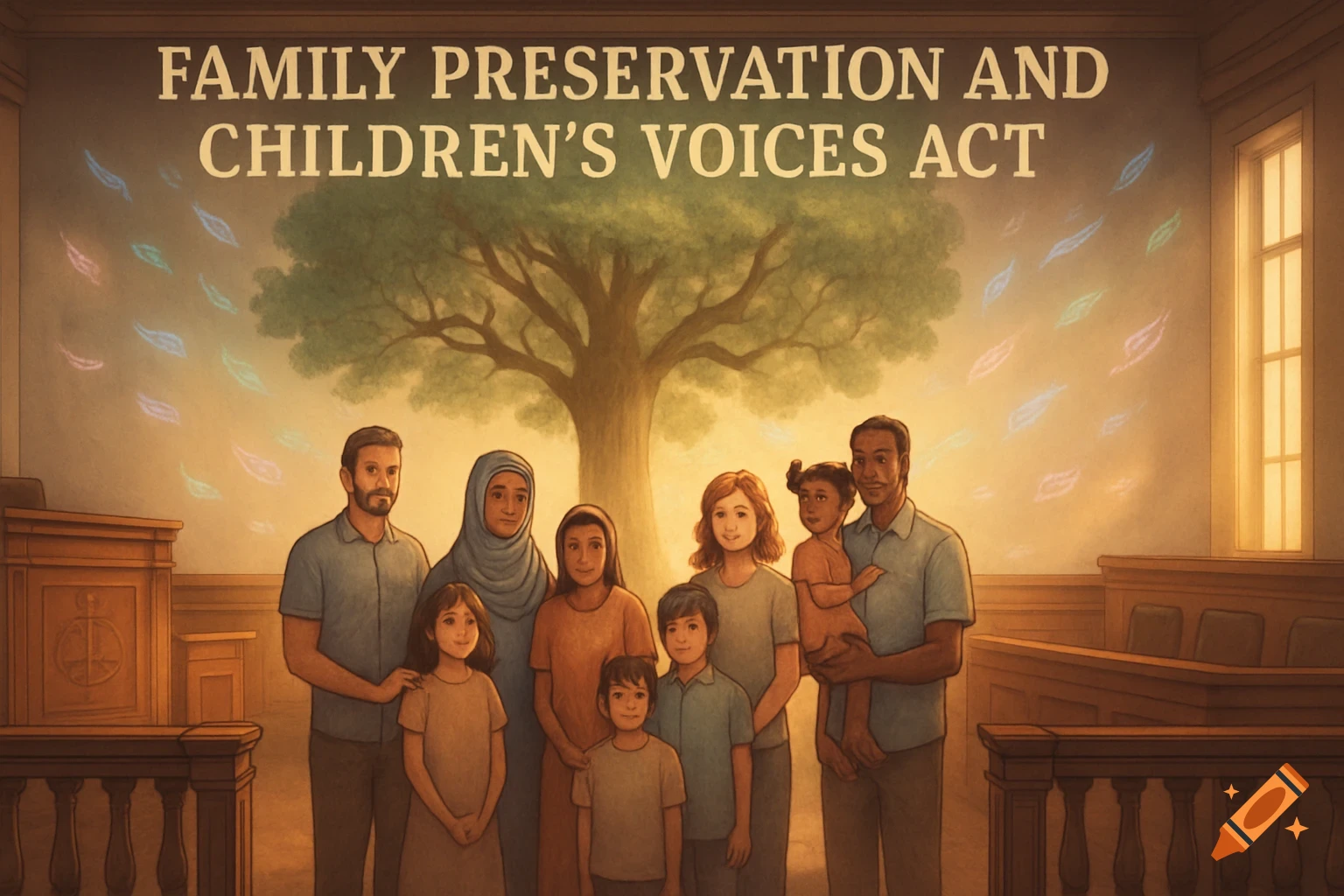 A stylized illustration of a diverse family in a courtroom beneath a tree mural and text 'FAMILY PRESERVATION AND CHILDREN'S VOICES ACT'.