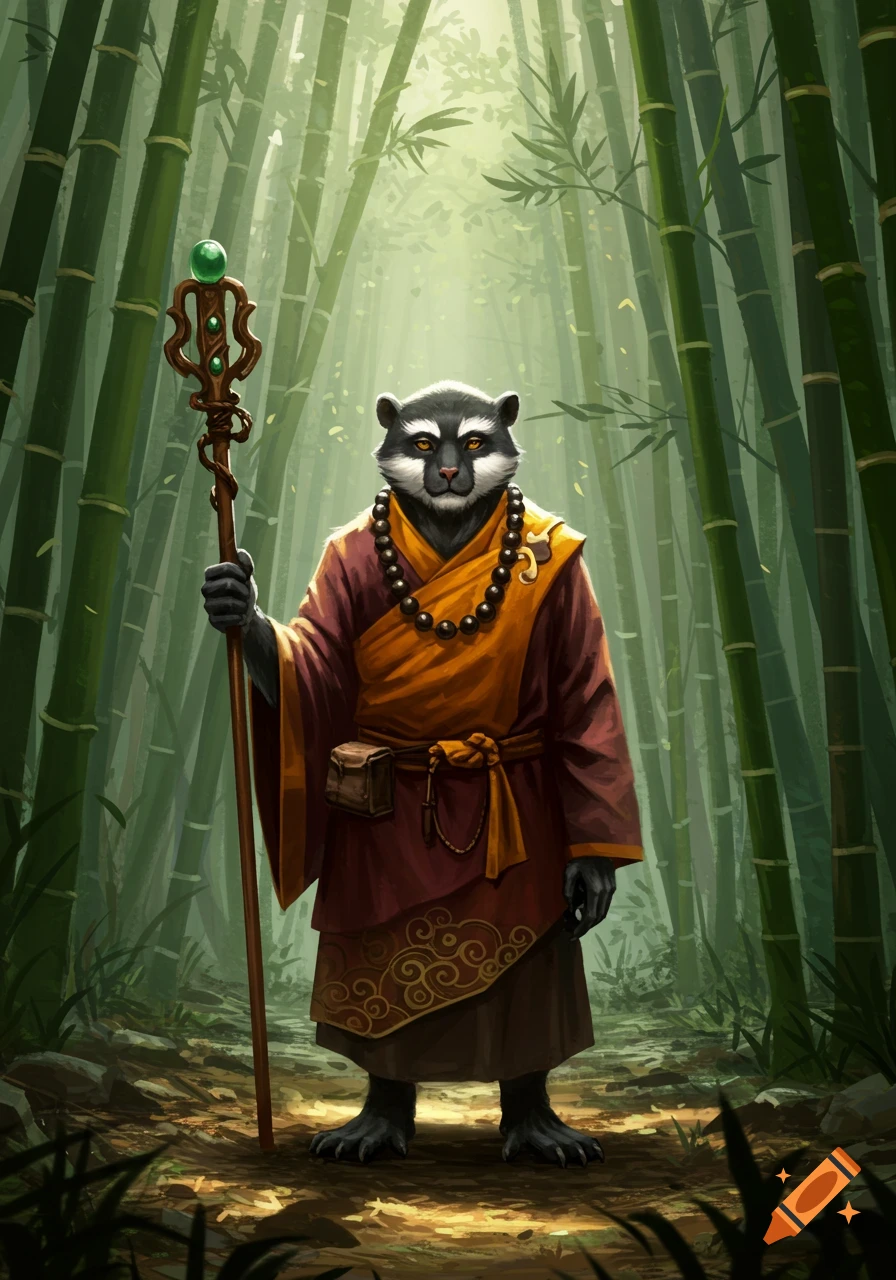 A raccoon-like monk in orange and red robes holds a staff in a vibrant bamboo forest.
