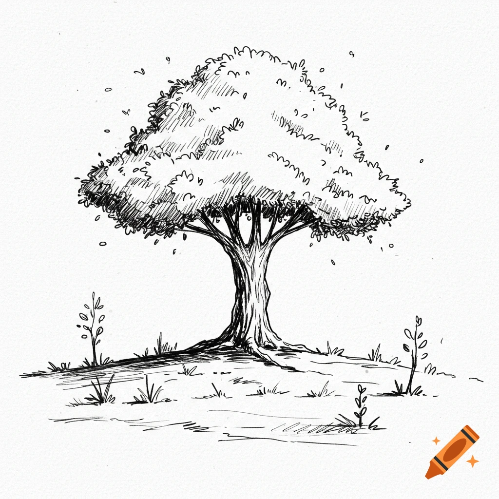 A black and white, hand-drawn sketch of a tree with many leaves, standing on a small grassy hill.
