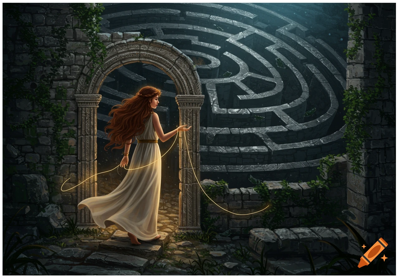 A woman with long red hair in a white dress stands before an ancient stone archway, holding a glowing golden thread leading into a dark labyrinth.