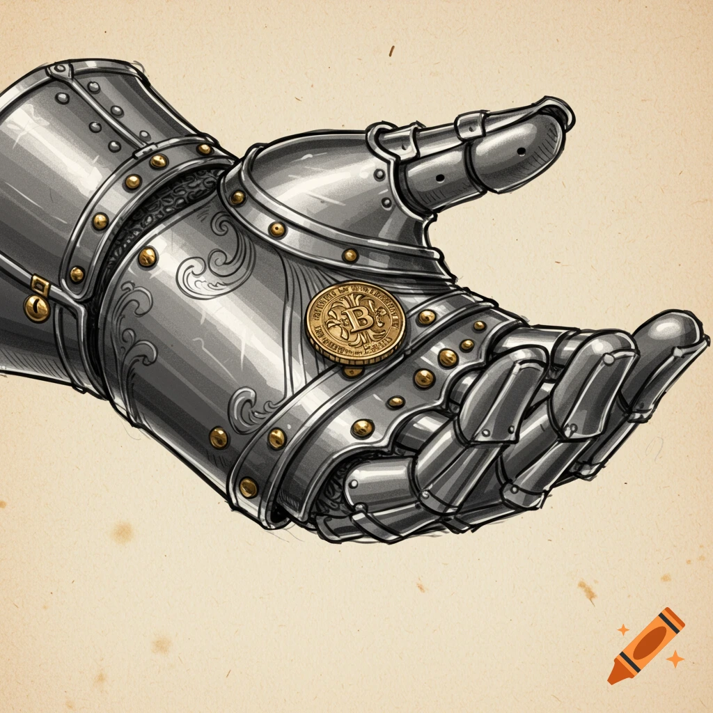 Detailed sketch of an armored gauntlet holding a Bitcoin coin in its palm.