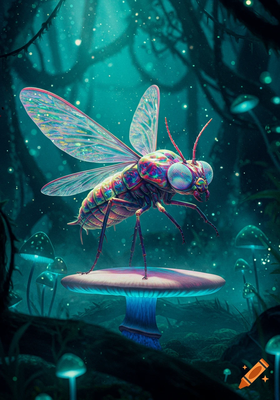 A large, iridescent insect with large compound eyes stands on a glowing mushroom in a dark, magical forest.
