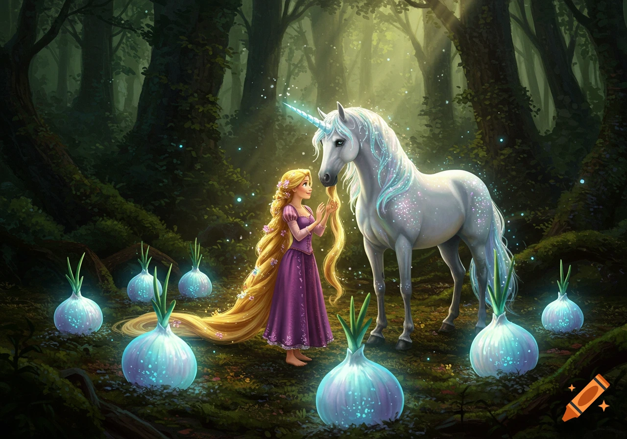 Rapunzel with long blonde hair interacts with a glowing white unicorn in a magical forest, surrounded by glowing onions.