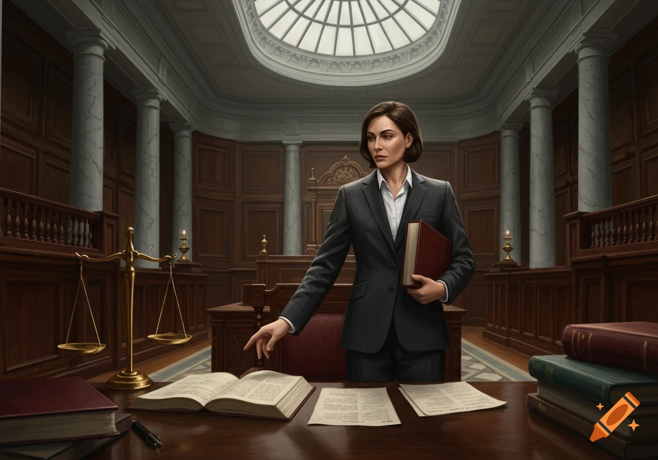 A woman lawyer in a suit points at an open book on a desk in a grand courtroom with scales of justice, photorealistic.