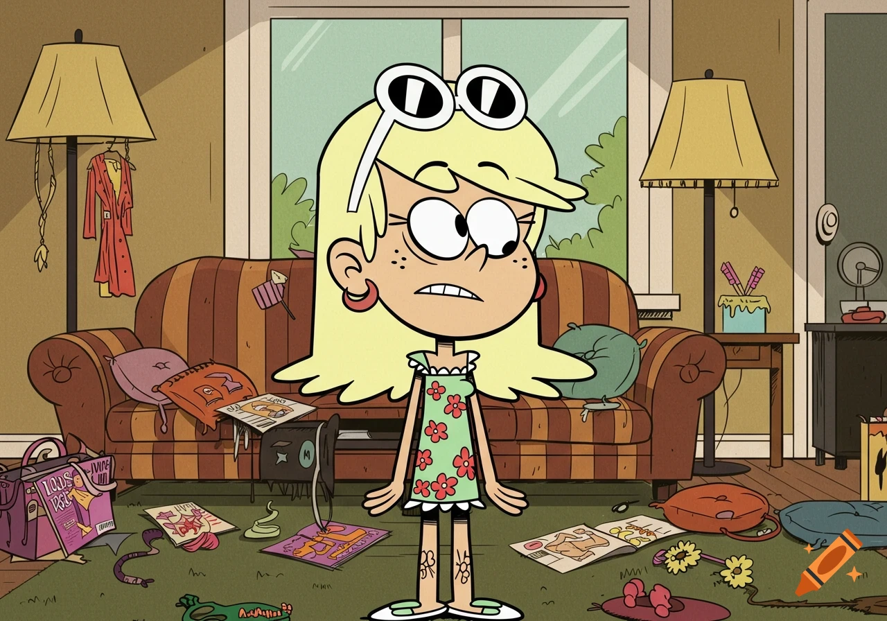 Blonde cartoon character Leni Loud stands confused in a messy living room, surrounded by scattered clothes, magazines, and pillows.