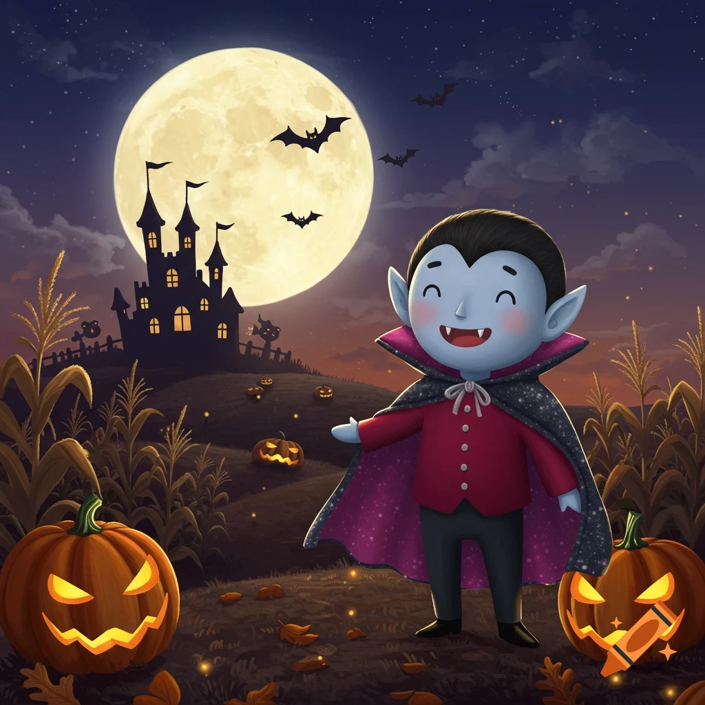 Cute cartoon vampire boy in a cape, smiling amidst jack-o'-lanterns, a spooky castle, bats, and a full moon on Halloween night.