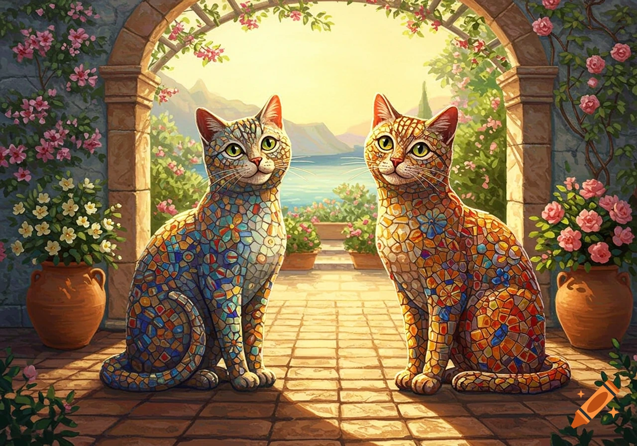 Two colorful mosaic cats sit on a patio under a flower-covered archway, overlooking a lake and mountains in an artistic style.
