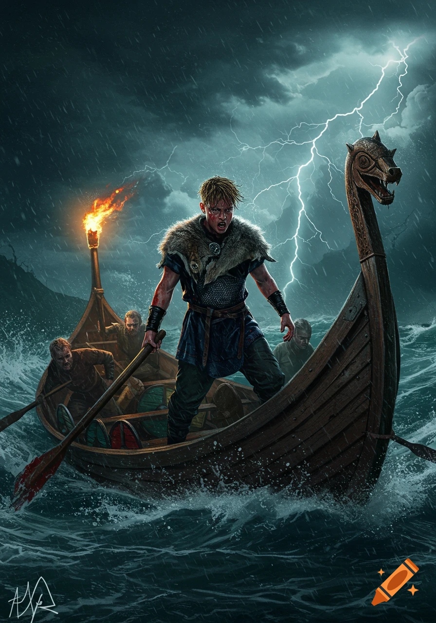 A determined young Viking in a fur mantle stands on a longship in a raging storm, clutching an oar as lightning strikes.