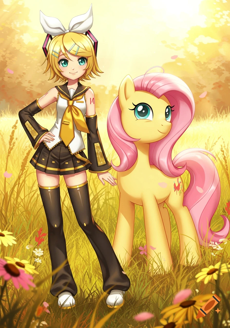Kagamine Rin and Fluttershy stand in a sunny, golden meadow with colorful wildflowers, depicted in an anime art style.