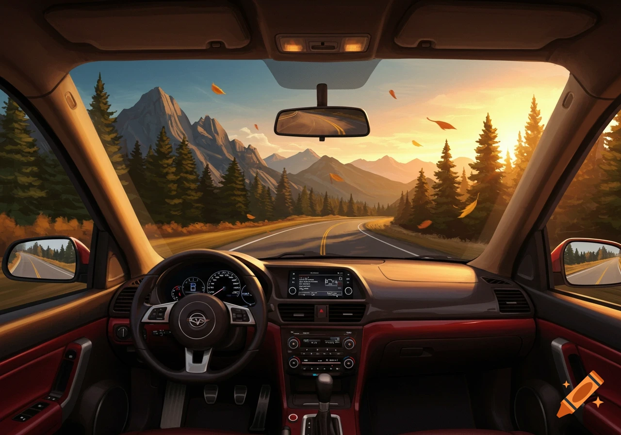 View from a car interior with a red dashboard, looking out at an autumn mountain road at sunset with falling leaves.