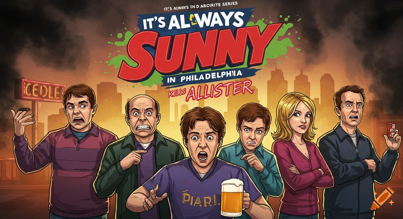 Cartoon poster for 'It's Always Sunny in Philadelphia,' featuring five distressed characters with a cityscape and smoke in the background.