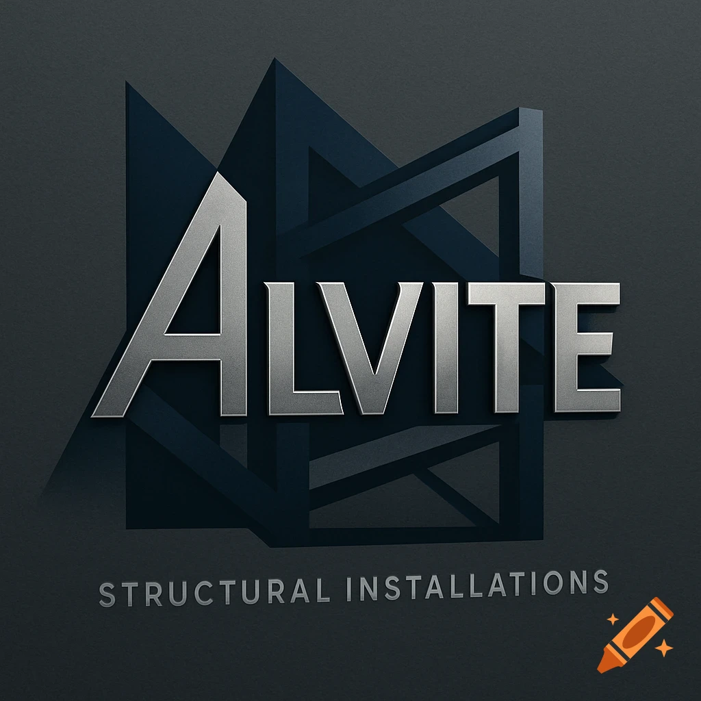 A modern grey and dark blue geometric logo for 'ALVITE Structural Installations' on a dark textured background.