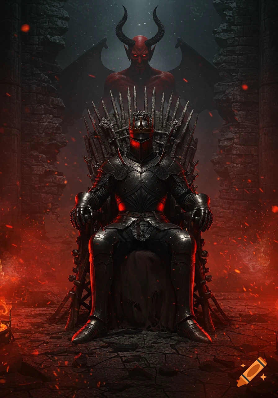 An ultra-realistic dark knight in black armor sits on an iron throne in a ruined, fiery castle, with a red horned devil behind him.