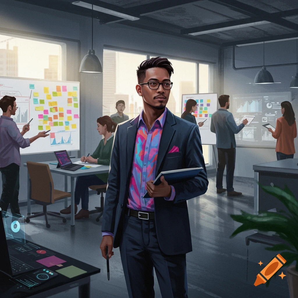 A stylish man in a suit and colorful shirt holds a notebook in a busy modern office with colleagues working on whiteboards.