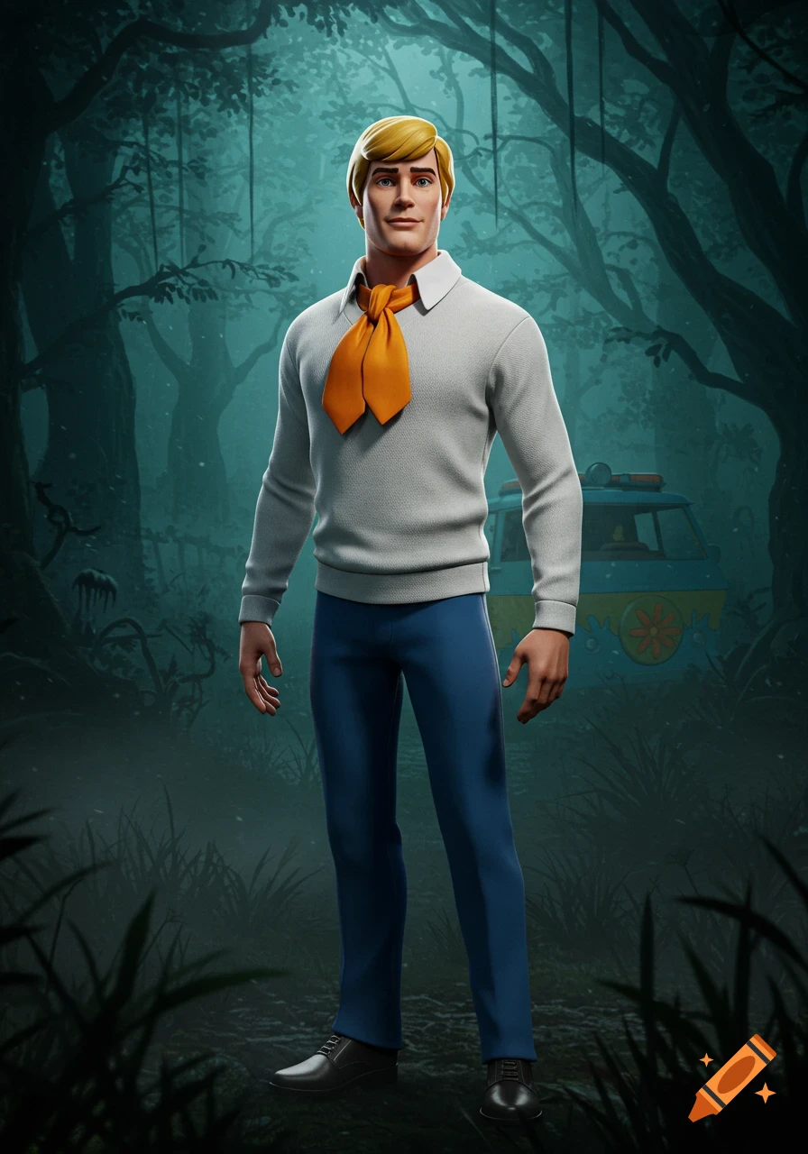 Fred Jones from Scooby-Doo stands in a dark, misty forest, with the Mystery Machine visible in the background.