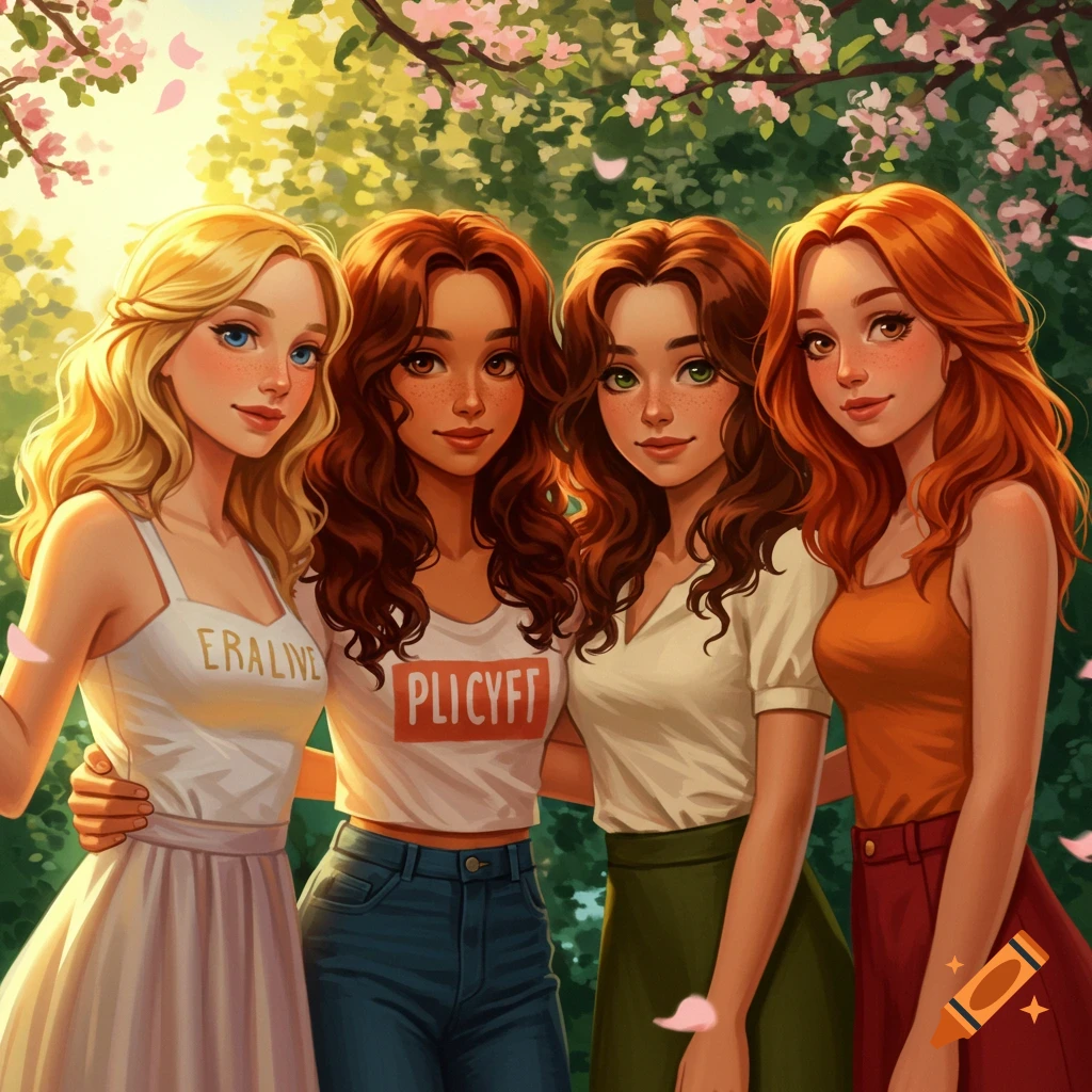 Four animated girls with blonde, brown, and red hair stand together in a sunny, blooming garden, in a cartoon style.