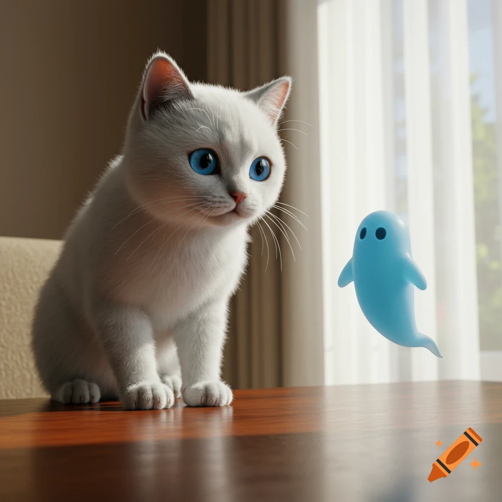 A fluffy white cat with bright blue eyes stares intently at a small, light blue ghost-like figure floating on a wooden table.